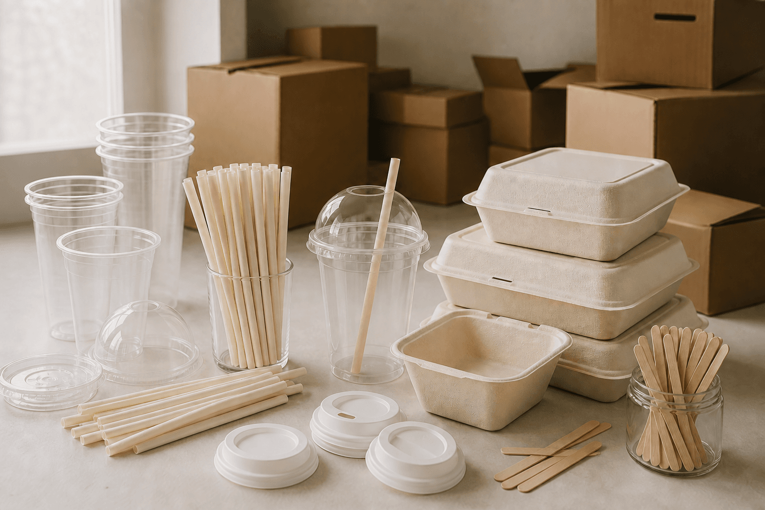 A selection of cups, lids, straws, food containers and stirrers prepared for wholesale supply