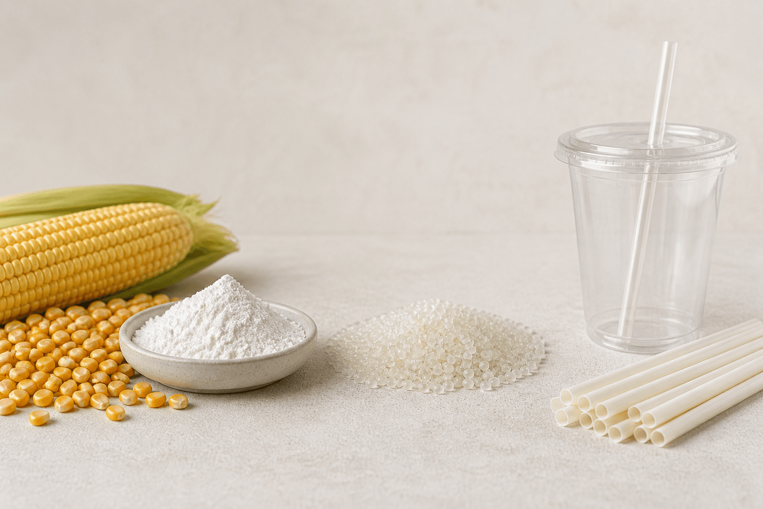 Corn, corn starch, PLA resin pellets, a clear cup and drinking straws showing the material journey